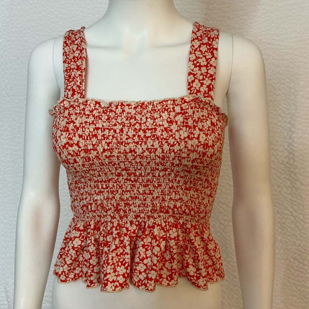 Urban Outfitters Smocked Top Size XS Red White Floral Tank Peplum